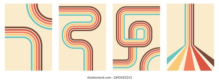 Stripe rainbow groovy poster set. Retro line  psychedelic background. Vintage line rainbow poster in retro groovy colors.