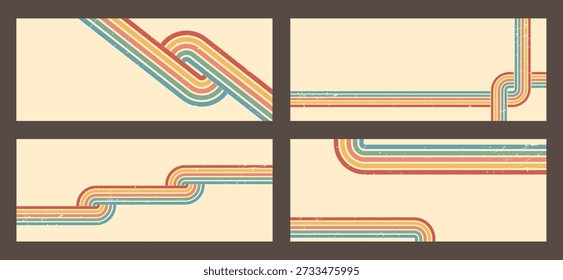Streifen Regenbogen groovig. Set aus Retro-Grunge-Art-Hintergründen mit kräftigen Wellen und parallelen Linien. Dynamische Drucke oder Grafikdesign. Vintage-Vektorgrafik.
