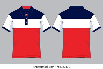 Stripe red-navy blue-white short sleeve polo shirt design vector.Front and back view.