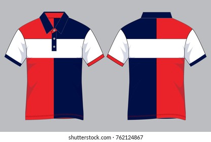 Stripe red-navy blue-white short sleeve polo shirt design vector.Front and back view.