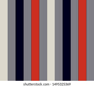Stripe seamless pattern with Beige, Navy Blue, Orange and white colors vertical parallel stripes.Vector abstract background.