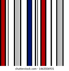 Stripe seamless pattern with Blue, Red, Black and white colors vertical parallel stripes.Vector abstract background.