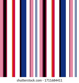 Stripe seamless pattern with ฺPink, Blue, Red, Black, Orange and white colors vertical parallel stripes.Vector abstract background.