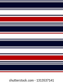 Stripe seamless pattern with Navy blue, red and white horizontal parallel stripes.Vector abstract background.