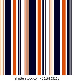 Stripe seamless pattern with Navy blue, orange and white colors vertical parallel stripes.Vector abstract background.