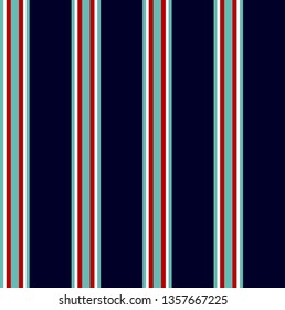 Stripe seamless pattern with navy blue, red, sky blue and white vertical parallel stripes.Vector abstract background.