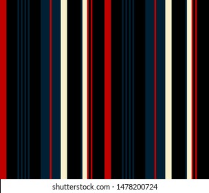 Stripe seamless pattern with navy blue, red, black and beige colors vertical parallel stripes.Vector abstract background.