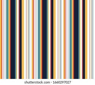 Stripe seamless pattern with Navy blue, Blue, Yellow, Orange and white colors vertical parallel stripes.Vector abstract background.