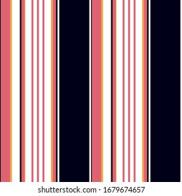 Stripe seamless pattern with Navy blue, Coral pink ,Orange and White colors vertical parallel stripes. Vector abstract background. 