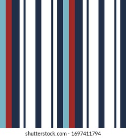 Stripe seamless pattern with Navy Blue, Red, Turquoise and White colors vertical parallel stripes.Vector abstract background.
