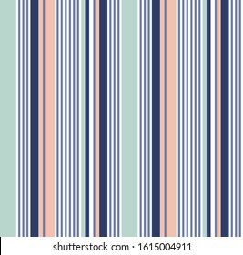 Stripe seamless pattern with Peach, Classic blue, Mint pastel and White colors vertical parallel stripes.Vector abstract background.