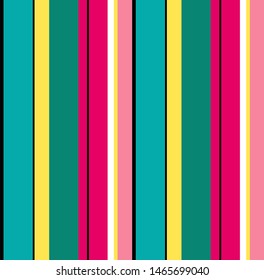 Stripe seamless pattern with pink, yellow, blue, black, green and white colors vertical parallel stripes.Vector abstract background.Summer concept.