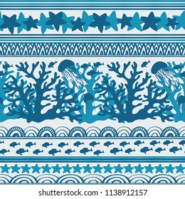 Stripe seamless pattern with sea underwater animals. Cute cartoon jellyfish, coral, starfish and tropical fishs. Marine background for kids. Perfect for textile print, cloth design and fabric