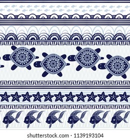 Stripe seamless pattern with sea underwater animals. Cute cartoon turtles and starfish. Marine background for kids. Vector illustration. Perfect for textile print, cloth design and fabric