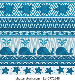 Stripe seamless pattern with sea underwater animals. Cute cartoon whales, starfish and turtles. Marine background for kids. Vector illustration. Perfect for textile print, cloth design and fabric