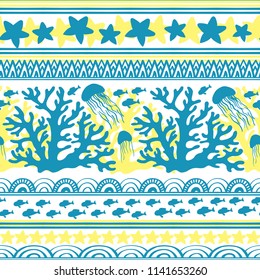 Stripe seamless pattern with sea underwater animals. Cute cartoon jellyfish, coral, starfish and tropical fishs. Marine background for kids. Perfect for textile print, cloth design and fabric