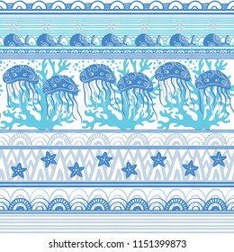 Stripe seamless pattern with sea underwater animals. Cute cartoon whales, starfish and jellyfish. Marine background for kids. Vector illustration. Perfect for textile print, cloth design and fabric