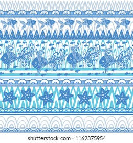 Stripe seamless pattern with sea underwater animals. Cute cartoon fishs and starfish. Marine background for kids. Vector illustration. Perfect for textile print, cloth design and fabric
