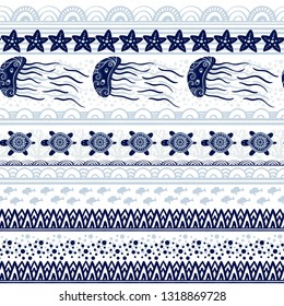 Stripe seamless pattern with sea underwater animals. Cute cartoon turtles, starfish and jellyfish. Marine background for kids. Vector illustration. Perfect for textile print, cloth design and fabric