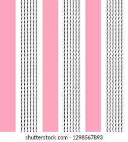 Stripe seamless pattern with sweet pink, black and white vertical parallel stripes.Vector abstract background.