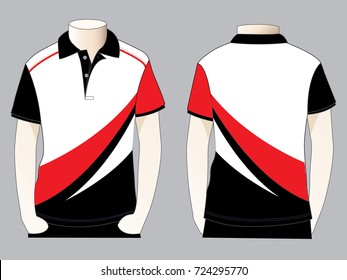 Stripe short white-red-black sleeve polo shirt design on gray background. Front and back views, vector file.