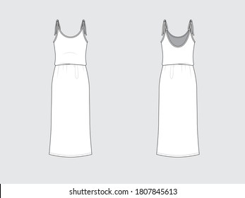 stripe shoulder tie dress, front and back, drawing flat sketches with vector illustration by sweettears