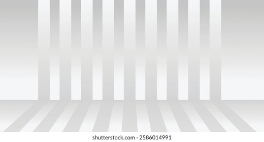 Stripe studio background retro style. Abstract Grey and white striped wall and floor empty stage technology background. 3d render luxury white pastel white background. EPS Vector Illustration