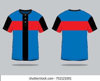 Stripe T Shirt Design Blue/Red/Black With Button Placket Vector.