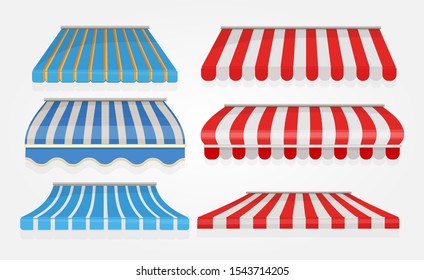 Stripe tent. Shopping or restaurant window canopy awning tent with red lines vector collection isolated. Cafe tent, shop street storefront, canopy shelter illustration