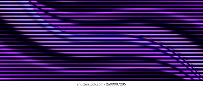 Stripe transition background of glowing horizontal purple and black stripes. Psychedelic neon glitch distortion effect. Editable vector illustration.