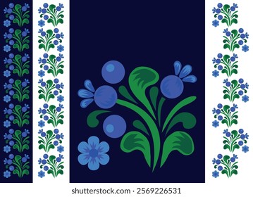 Stripe with Ukrainian ornament, Petrikovskaya painting with flowers for design. Decorative painting stylization. Vector