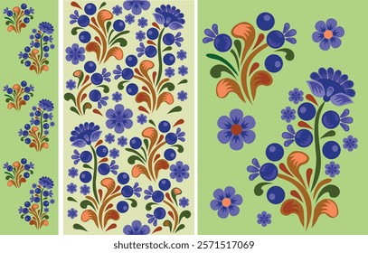 Stripe with Ukrainian ornament, Petrikovskaya painting with flowers and berry for design. Decorative painting stylization. Vector