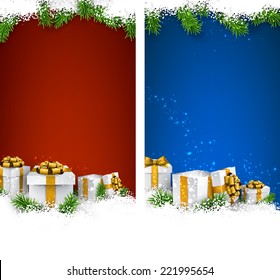 Stripe vertical christmas banners with fir branches and realistic gift boxes. Vector illustration. 