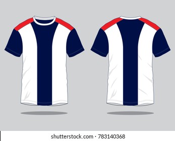 Stripe White-Navy-Red Short Sleeve T-Shirt Design On Gray Background. Front and Back Views, Vector File.