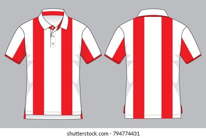 Stripe White-Red Short Sleeve Polo Shirt Design On Gray Background.
Front and Back View, Vector File