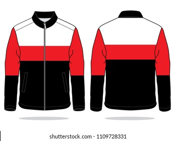 Stripe white-red-black jacket design on white background. Front and back views, vector file.