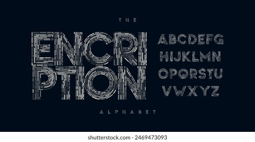 Stripe wires font, tech geometric line alphabet, creative technology font, modern element for branding, secure digital print, encrypted title, contemporary typography. Vector typeset.