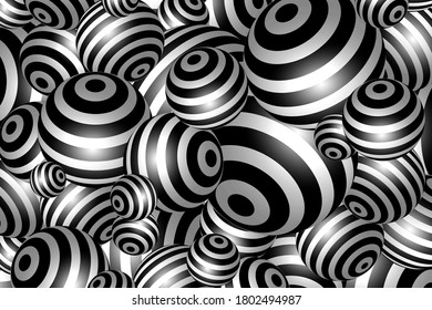 Striped 3D balls. Abstract geometric black and white background.