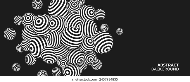 Striped 3d balls with black and white lines. Illusion spheres. Vector illustration.