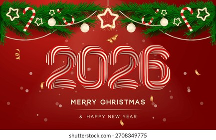 Dulces a rayas en 3D números 2026 bajo Navidades decoradas con ramas de abeto. Felices Navidades y Feliz Año Nuevo