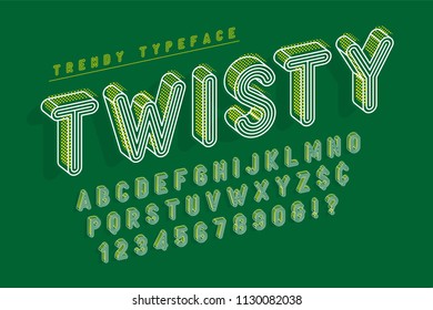 Striped 3d display font popart design, alphabet, letters and numbers. Swatch color control. Not expanded strokes