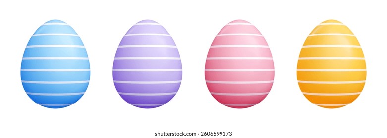 Striped 3D Easter eggs collection - pastel blue, purple, pink, yellow realistic eggs with white horizontal stripes. Colorful glossy spring holiday decoration elements for greeting card, banner design.