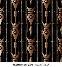 Striped 3d geometric seamless pattern. Vector tribe background with vertical  stripes, doodle lines, blots, spots, shapes. Surface   texture. Design for fabric, textile, prints, cloth, wallpapers.