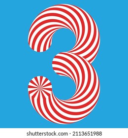 Striped 3D Number 3 on blue background. Vector illustration. Sweet decoration. Trendy modern logo design. 