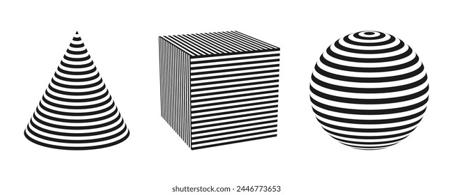 Formas 3D a rayas. Cono, cubo y esfera con líneas en blanco y negro. Ilustración vectorial.