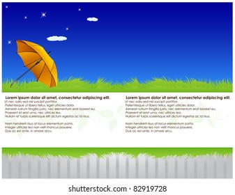 Striped abstract background with it located on green grass, open umbrella and night sky
