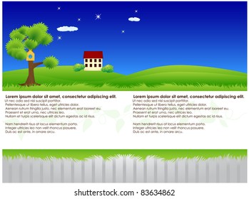 Striped abstract background with it located on bush vegetation, house, tree and birdhouse