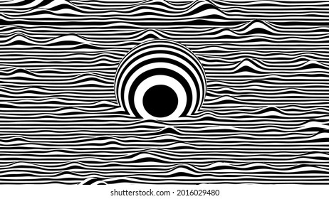 Striped abstract background. A sphere floating on a wavy surface.