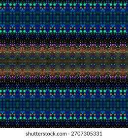 Striped abstract design with glowing dots, rhythmic pattern, layered texture, and neon colors, creating a futuristic digital background.
