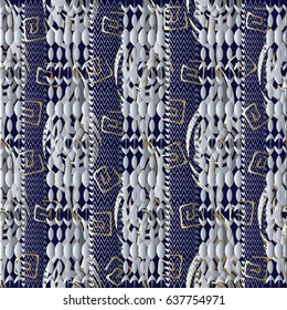 Striped abstract geometric seamless pattern. Tribe background with white  3d zigzag ornaments, shapes, stripes, greek key, figures.Vector tribal  texture in memphis style. Perfect for fabric, prints.